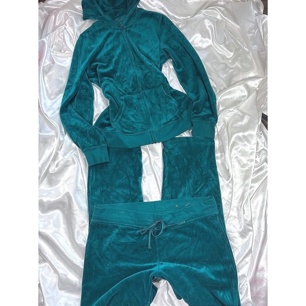 y2k Velour Tracksuit Teal Green Good Made For Life Hoodie Pants Set M